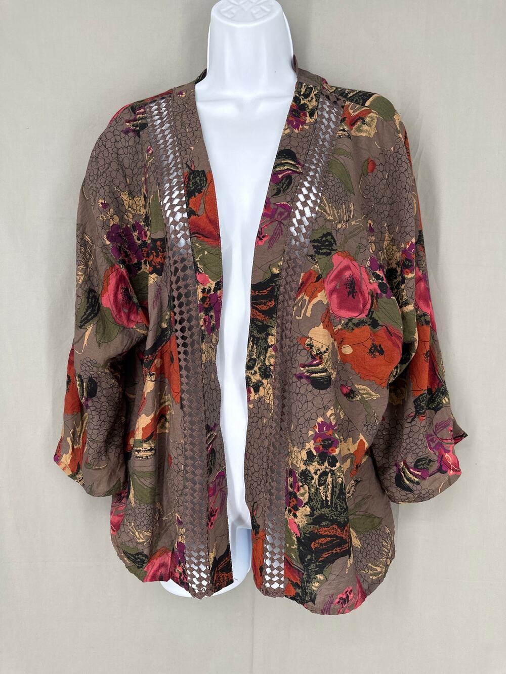 Soft Surroundings Kimono Topper Womens XS Brown Floral Crochet Boho Cottage